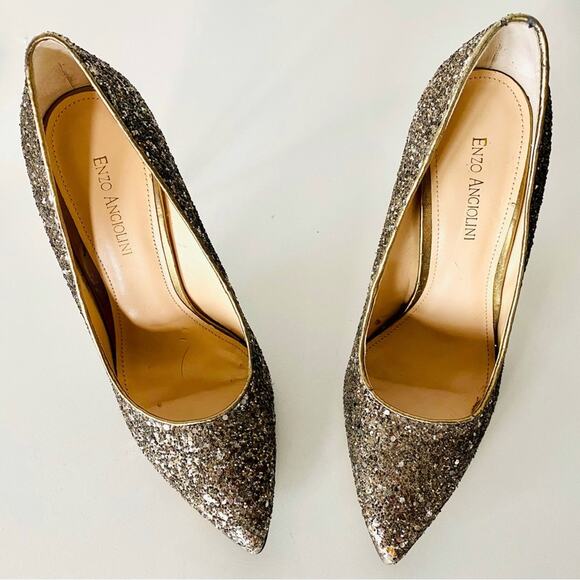 ENZO ANGIOLINI Gold Sequins Sparkle Pointy Toe Metallic Stiletto Heels Shoes 9 - Picture 2 of 10